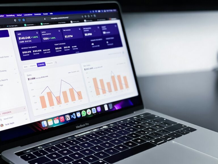 ERP dashboard with charts on a laptop